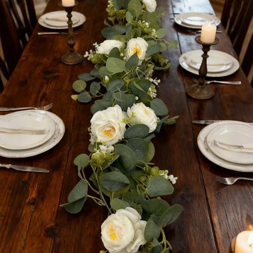 4-Pack Artificial Eucalyptus Garland with Flowers, Total 23.6FT 24 White Roses Baby's Breath Garland Floral Greenery for Wedding Party Centerpiece Table Runner Backdrop Wall Decor - Image 4