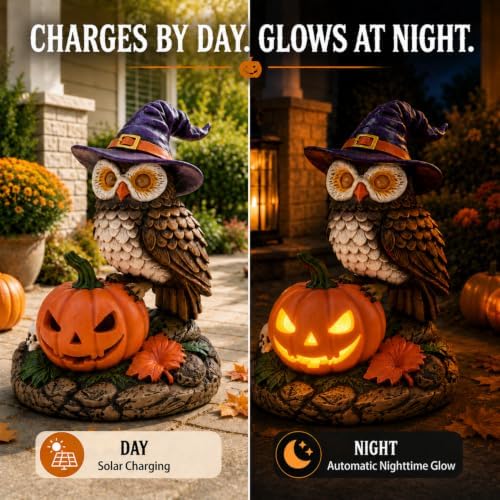 Solar Halloween Owl Figurine Light, Lighted Resin Owl Statue with Pumpkin, Outdoor Garden Decor for Porch, Yard and Patio, Seasonal Landscape Decoration - Image 4