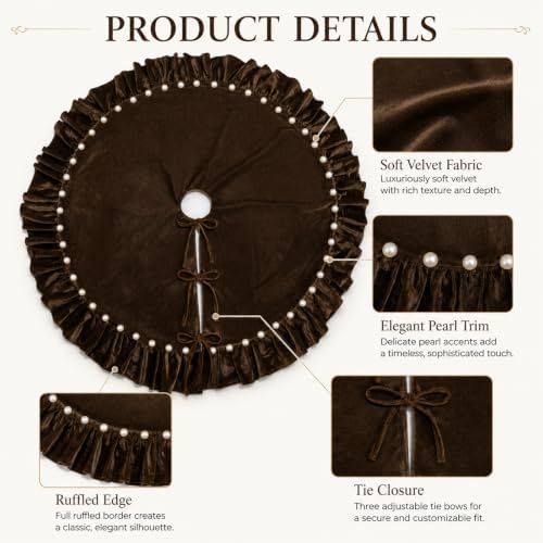 Dark Brown Velvet Christmas Tree Skirt, 60 Inch Christmas Tree Skirt with Ruffled Edge and Pearl Trim - Image 6