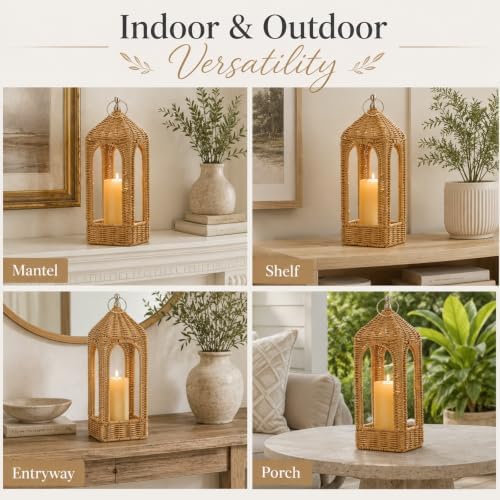 14.5 Inch Natural Rattan Decorative Lantern with LED Flameless Candle - Image 6