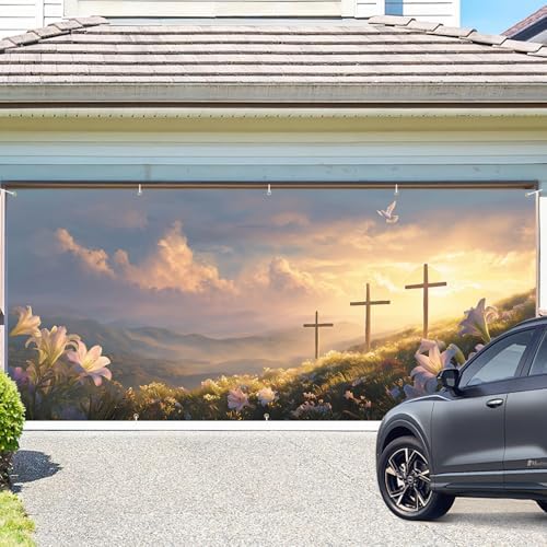 Easter Cross and Lilies Garage Door Banner 7x16FT, Religious Easter Decoration with Crosses and Lilies, Outdoor Spring Holiday Decoration for Yard and Garage - Image 2