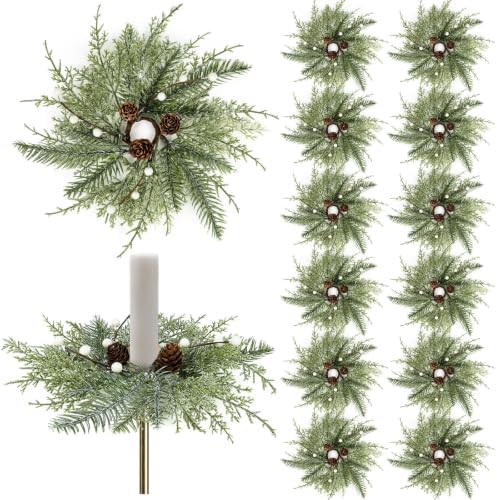 12 PCS Christmas Pine Taper Candle Rings Wreaths 1.38" Mini Norfolk Cedar Taper Candle Holder Wreaths Candle Rings with Berry Pinecones for Xmas Winter Church Home Table Centerpiece Candlesticks Decor by Unknown
