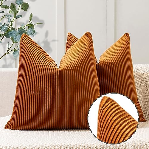 YCOLL Burnt Orange Pillow Covers 24x24 Set of 2 Velvet Striped Pattern - Soft Throw Pillows for Home Decor, Luxury Decorative Pillow Covers for Couch, Bed,Living Room by PillowCoversExpert