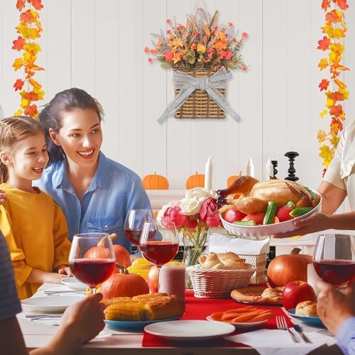 Fall Door Hanger Basket Wreath 15" Artificial Autumn Thanksgiving Wildflowers Wreaths Basket with Lantern Fruits Chrysanthemums Wheat Stems for Front Door Harvest Festival Porch Farmhouse Decor - Image 3