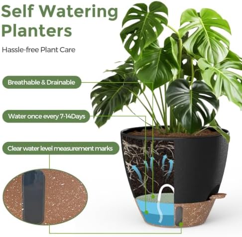Plant Pots, 12" 10" 6" 8" Self Watering Pots with Water Level Indicator, Set of 5 Flower Pots Indoor with Drainage Holes, Modern Planters for Indoor Outdoor Plants, Room & Office Décor - Image 3