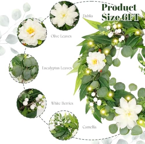 Artificial Eucalyptus Garland with Lights,Fairy Light Olive Leaves Vine Garland with White Flowers & White Berries, Bendable Mantle Garland for Indoor Outdoor Wedding, Home Decoration (6FT) - Image 2