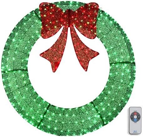 VINGLI 48 Inch Pre-lit Large Christmas Wreath, Outdoor Christmas Wreath with 315 LED Lights for Garage, Windows, Christmas Door Wreath Decorations with Red Bow, Timer Remote Control, Plug-in, Green by VINGLI