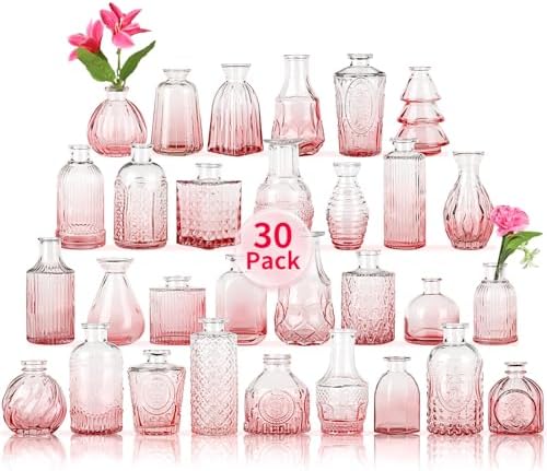 Glass Bud Vases in Bulk Set of 30 Pcs,Small Glass Vases for Flowers as Wedding Centerpieces for Tables,Clear Flower Vases Suitble for Wedding Decorations,Home Decor (Light Rose-red, 30 pcs) by earthgadgets