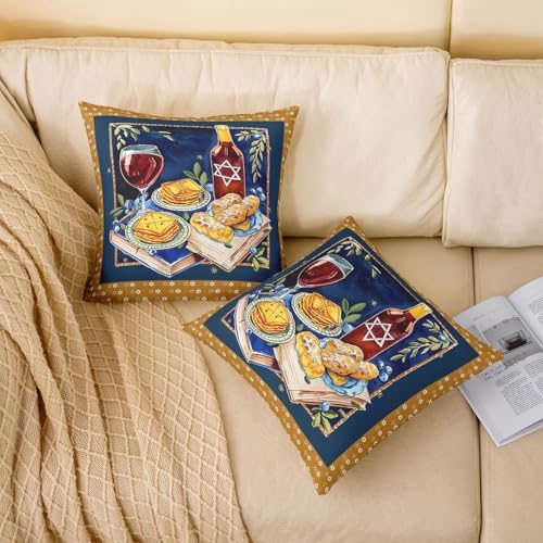 Erosebridal Happy Hanukkah Decorative Pillow Covers, Passover Throw Pillow Covers 24X24 Set of 2, Festive Hexagram Cushion Cases for Couch Bed Sofa Home Decor - Image 2