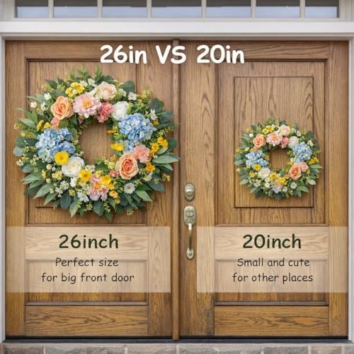 26 Inch Spring Summer Wreath for Front Door with Hydrangea, Peony & Rose – Wild Flowers Eucalyptus Leaves, Summer Wreath for Home Decor Farmhouse Wall Window Spring Decor Indoor Outdoor Decor - Image 3