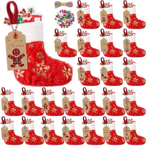 24 Set Mini Red Christmas Stockings Bulk with Gold Sequin Snowflake by Glimin