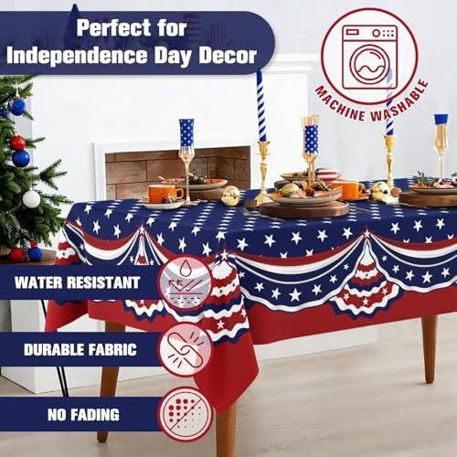 Rectangle 4th of July Tablecloth 60x102 Inch, Patriotic Red White and Blue Table Cloth, Polyester Waterproof Wrinkle Resistant Independence Day Table Cover for Memorial Day Decorations Decor - Image 5
