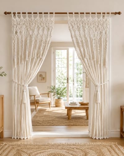 BECHAEO Boho Macrame Curtain with Arch Tassels, 1PC 39" x 79" White B - Image 4