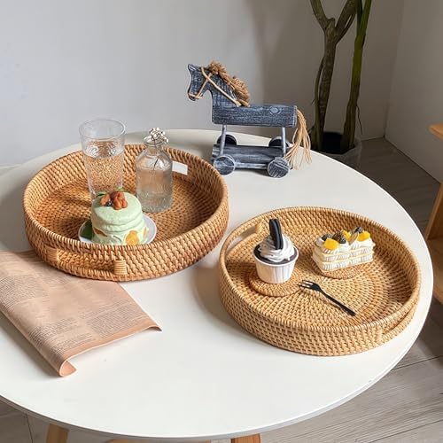 14" Round Rattan Tray, Hand Woven Serving Tray with Handles, Wicker Serving Basket, Decorative Tray for Home Decor, Natural - Image 6