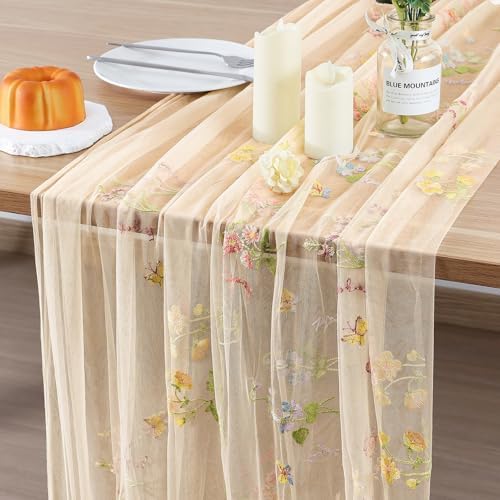 BINBE 12pcs Champagne Florals Table Runner Embroidery Gauze 10FT Daisy Seasonal Tulle Birthday Wedding Holiday Kitchen Dining Table Decor for Home Party by BINBE