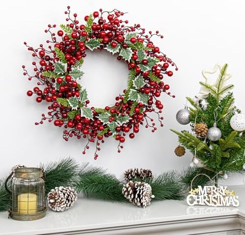 JINGHONG Artificial Christmas Wreath 20 Inch Christmas Wreaths for Front Door Red Berry Wreath with Holly Berries Leaves Pine Needles for Indoor Outdoor Xmas Winter Holidays - Image 3