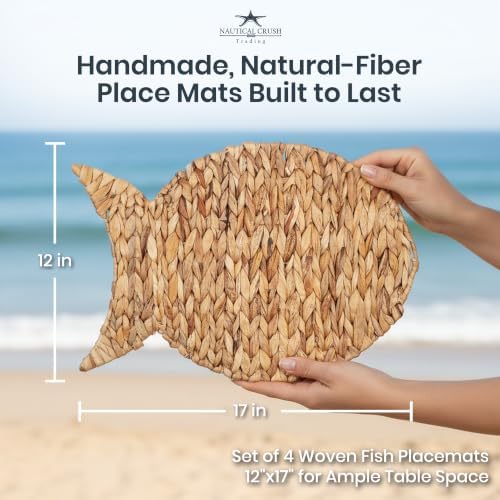 Woven Fish Placemats Set of 4 (12"x17") – Water Hyacinth Placemats Indoor – Farmhouse Placemat for Dining Table – Boho Place mats – Wicker Rattan Place mats - Image 4