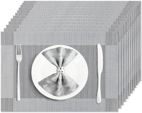 Silver Grey Vinyl Placemats Set of 12, Heat Resistant Table Placemats by Uolr