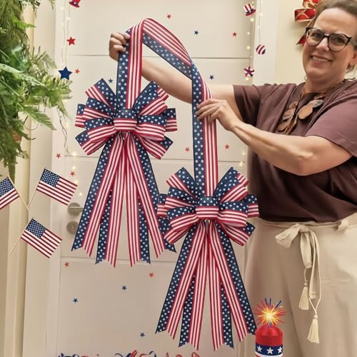 Sosation 4th of July Double-Sided Bow Door Decoration American Flag Patriotic Double-Sided Bows with Red White Blue Hanging Decor for 250th USA 4th of July Independence Day Memorial Day Decoration - Image 2