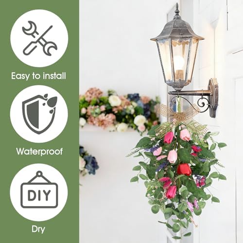 4 PCS Summer Wreaths for Front Door 22" Tulip Teardrop Swag with Purple Tassels Eucalyptus Leaves Ferns Butterflies for Indoor Outdoor Wall Festival Home Farmhouse Wedding Decor - Image 4