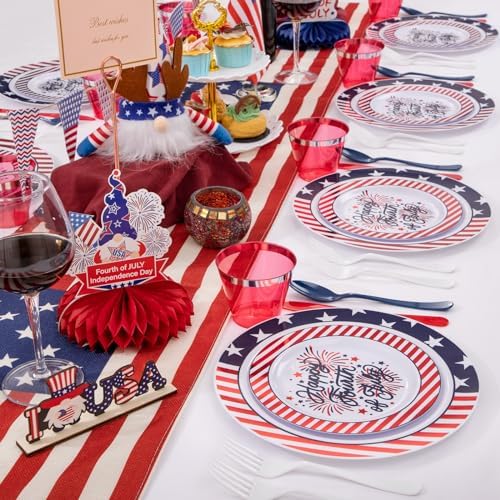 LIYH 180 Pcs 4th of July Plastic Plates Red White Blue, Plastic Silverware Patriotic Party Memorial Day Plate for Independence Day 4th of July Decorations 30 Guests - Image 5