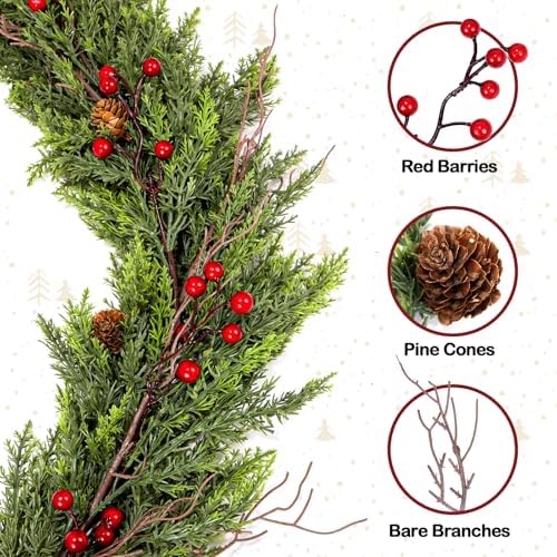ENVEN Faux Cedar Christmas Garland with Red Berries & Pine Cones – Full Faux Winter Greenery for Holiday Mantel, Staircase, Doorway, Indoor Outdoor Christmas Décor (9FT) - Image 2