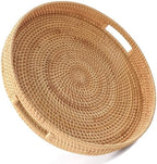 HITOMEN 14.2" Hand-Woven Round Rattan Serving Tray Decorative Ottoman Wicker Platter with Handles for Coffee Table, Breakfast, Drinks, Snack, Bread, Fruit, Vegetables (Natural-L) by HITOMEN