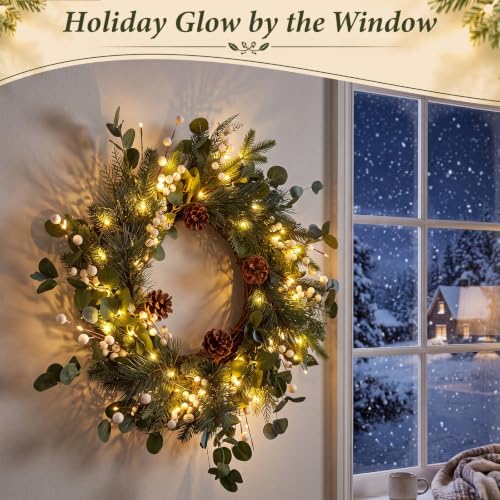Kajaia 22'' Christmas Wreath for Front Door with Lights Decoration, White - Image 4