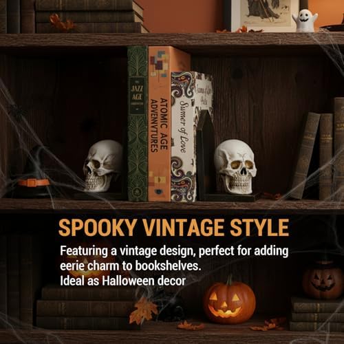 MyGift Gothic Bookends, Skull Decorative Bookends, Book Ends for Shelves, Halloween Decor Skeleton Statue, Vintage Resin Book Stopper Holder Support,1 Pair - Image 2