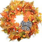 24 Inch Fall Wreath for Front Door with Storage Bag, Autumn Wreaths with Gingham Bow, Orange Maple Leaf, and Berries for Outdoor, Farmhouse Porch Thanksgiving and Harvest Festival Parties by AmoriseArtificialFLowers