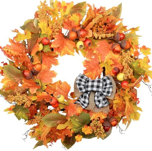 24 Inch Fall Wreath for Front Door with Storage Bag, Autumn Wreaths with Gingham Bow, Orange Maple Leaf, and Berries for Outdoor, Farmhouse Porch Thanksgiving and Harvest Festival Parties by AmoriseArtificialFLowers
