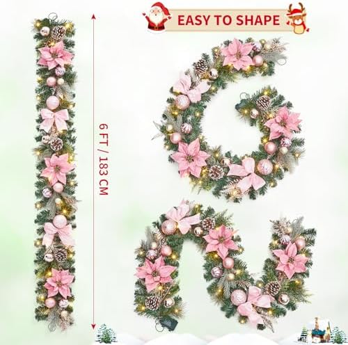 Garvee 6ft Pink Christmas Garland with Lights, Prelit Garland for Mantle - Image 2