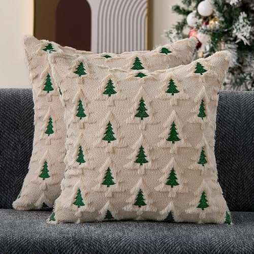 Allorry Christmas Pillow Covers 20x20 Set of 2 Beige Double Xmas Tree Pillow Covers Soft Plush Faux Fur Christmas Decorations for Xmas Winter Holiday Home Bedroom Sofa Cushion Cases PT-008C20 by Allorry