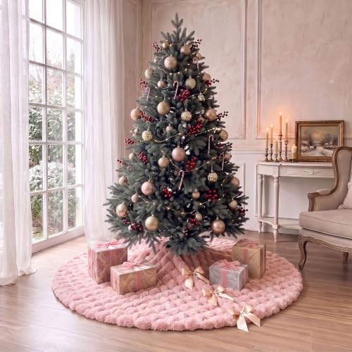 JOVIPOP Large Christmas Tree Skirt, 60-Inch Baby Pink Faux Fur Decor - Image 3