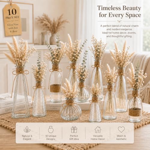 Glass Bud Vases Set of 10 for Flowers, Clear Small Vases with Jute Rope - Image 2