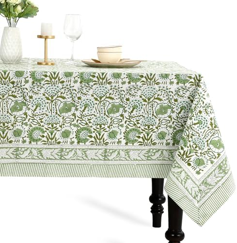 CPC Agate Green Block Print 100% Cotton Rectangle Tablecloth 80x120 Inch by COTTONPRINTCLUB
