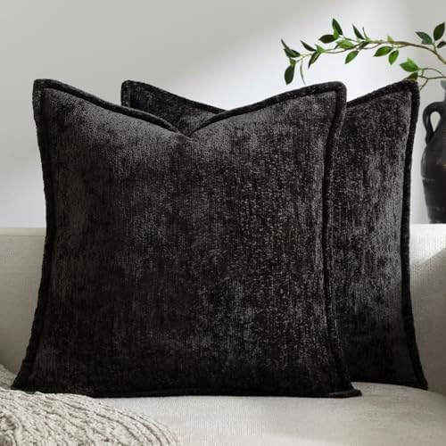 DEZENE Pack of 2 Black Decorative Throw Pillow Covers 24x24 Cozy Soft Chenille Accent Vintage Square Couch Pillow Covers for Home Decor Bed Sofa Living Room by DEZENE