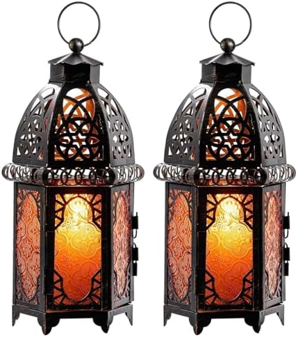 NEEDOMO Set of 2 Hanging Moroccan Lantern, 12.8'' Vintage Candle Holder, Metal Lanterns Decorative Indoor Outdoor, Table, Patio, Porch, Shelf, Ramadan Decorations (Amber) by NEEDOMO-LightUpYourSpace