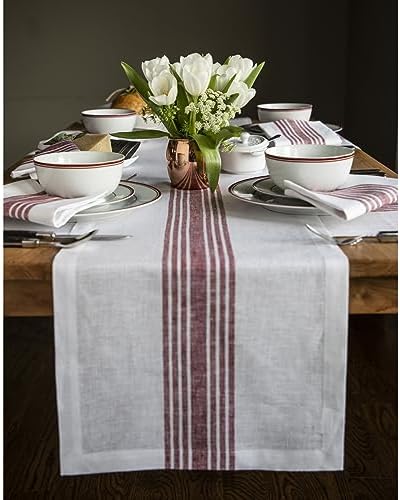 Solino Home 100% Linen Table Runner, 14 x 108 in, Burgundy and White Stripe by SolinoHome