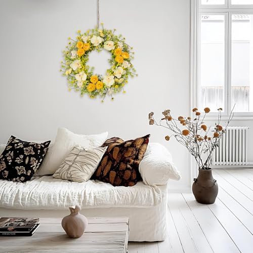 24 Inch Spring Yellow Floral Wreath for Front Door, Artificial Camellia & Orchid Wreath with Eucalyptus Greenery, Farmhouse Door Decor for Spring Summer Wedding Wall Window - Image 5