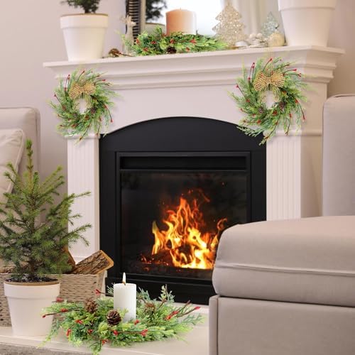 6 Pcs 9 Inch Christmas Wreaths for Kitchen Cabinet Artificial Cedar Pine Hanging Wreath with Red Berries Pine Needles for Front Door Xmas Swag Wreaths for Christmas Winter Farmhouse Home Decorations - Image 5