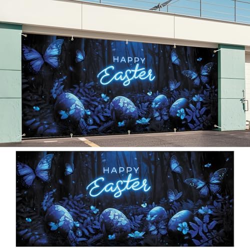 Happy Easter Glowing Garage Door Banner 7x16FT, Neon Happy Easter Garage Door Cover with Blue Butterflies and Easter Eggs, Spring Holiday Decoration for Yard and Garage - Image 6
