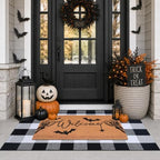 Halloween Welcome Door Mat Combo Set, Skeletal Hand Coco Coir Doormat - 3'x5' Black and White Plaid Rug, Autumn Front Porch Entryway Decor Floor Mat - Image 3