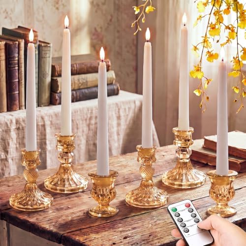 Mumufy 12-piece Amber Glass Candle Holders with Flameless Taper Candles by Mumufy
