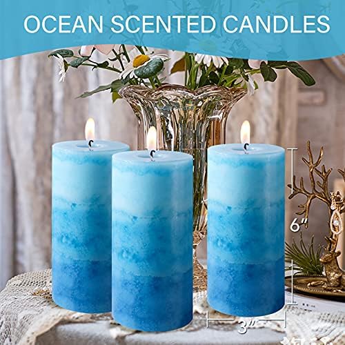 Pillar Candles Ocean Scented, Immeiscent Aromatherapy Candles, 60+ Hours Burn Long Lasting, Blue Mottled Layered Candles for Home Scented, SPA, Restaurant, Set of 3 - Image 2