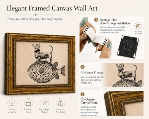 Gold Framed Dog on Fish Wall Art, Funny Animal Canvas Print, 16x12 - Image 2