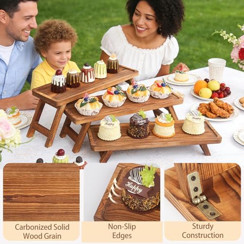 Wisreach 3 Tier Wooden Serving Tray Stand, Foldable Tiered Dessert Display Set for Party, Wedding, Birthday, Christmas, Rustic Charcuterie Boards Table Decor - Image 6