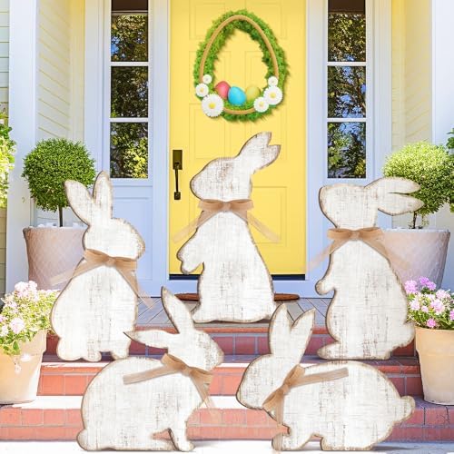 Yuntau 5 Pcs Easter Welcome Porch Sign Large Wooden Bunny Standing Porch Sign Easter Bunny Outdoor Decor with Ribbon for Front Door Indoor Outdoor Yard Garden Decor by Yuntau