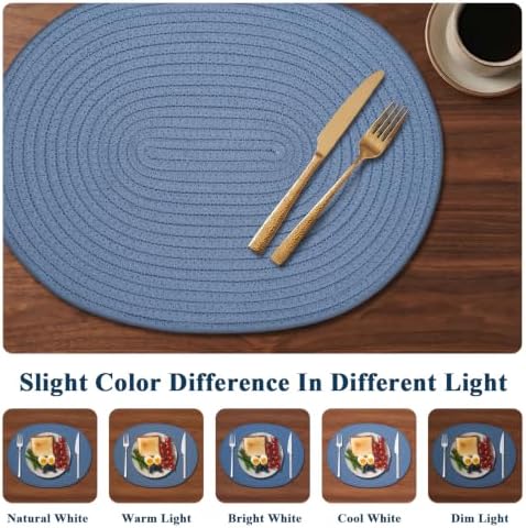 Oval Woven Cotton Placemats Set of 6, Thick Braided Rope Table Mats, 17 x 13 Inches Large Non Slip Heat Resistant Place Mats for Dining Table, Farmhouse Boho Hot Pads for Kitchen Decor (6, Blue) - Image 4