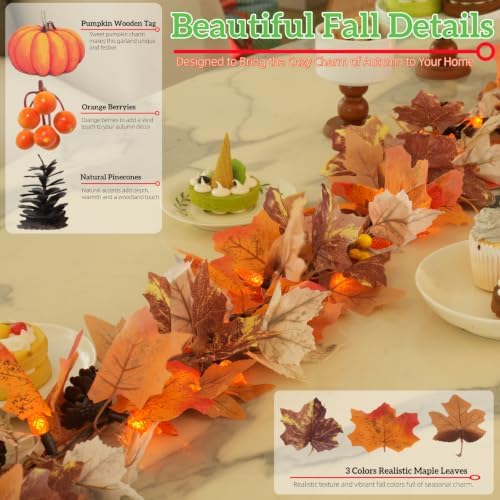2Pack 10Ft Lighted Fall Garland with Battery Operated C6 Orange Lights, Extra Long Maple Leaf Garland with Pumpkin Wood Signs, Pinecones & Yellow Berries, Thanksgiving Autumn Decor Indoor Outdoor - Image 2